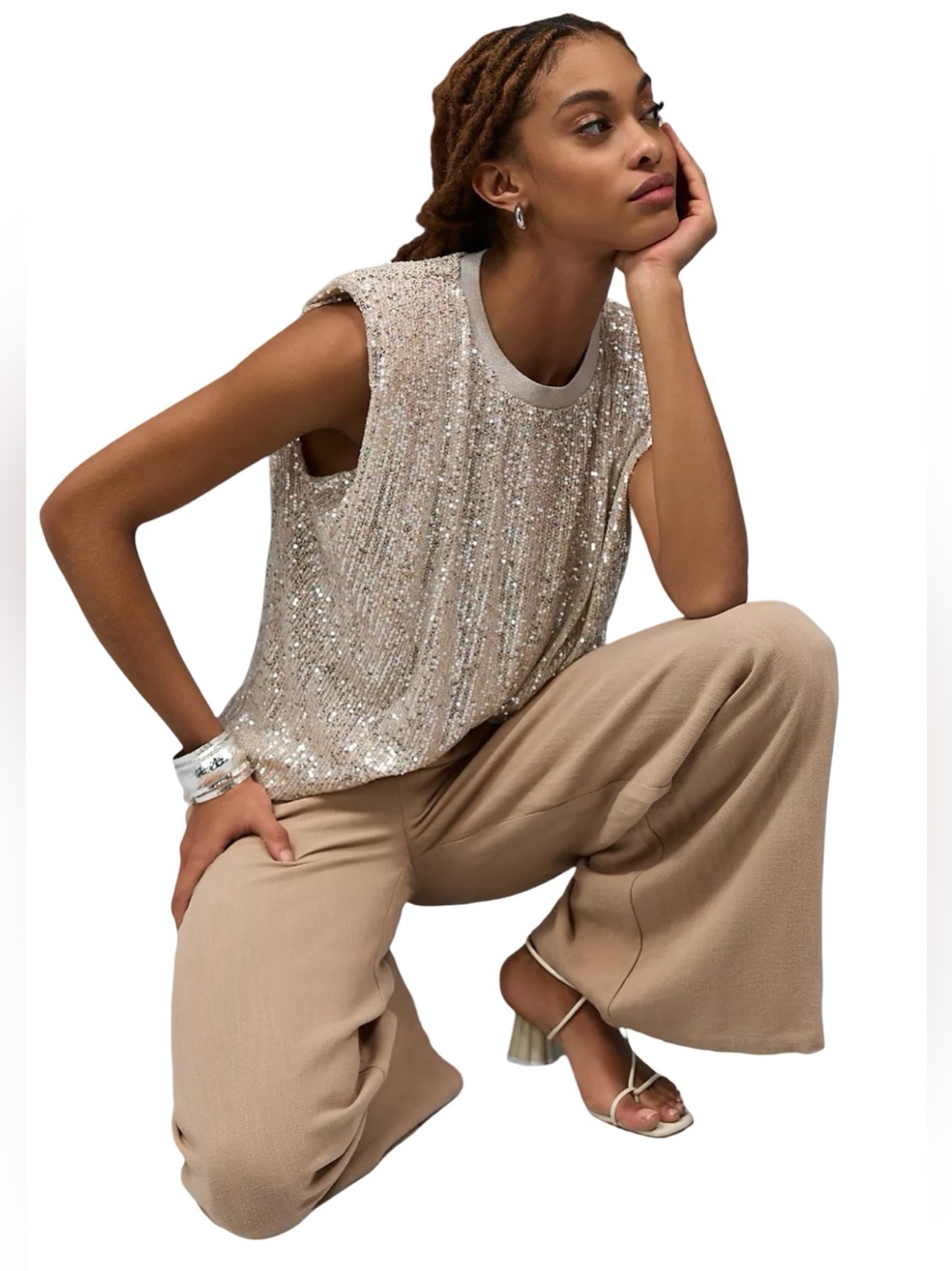 Endless Rose Sequin Shoulder Pad Top NWT Size M Ivory Champagne Sleeveless Party - Picture 8 of 12